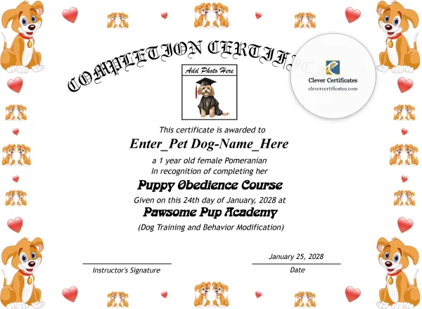Free Puppy Completion Certificate Template