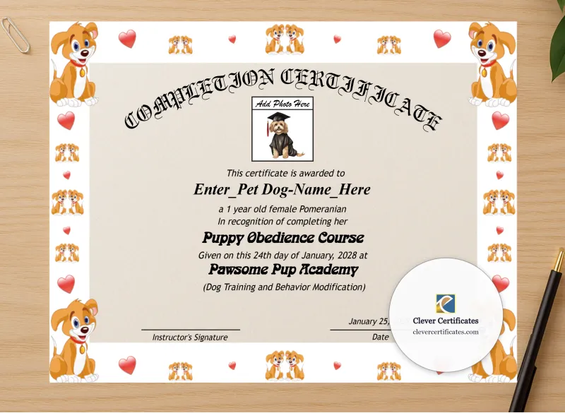 Professional preview of Puppy Completion Certificate certificate on high-quality stationery paper, ideal for showcasing the final look.