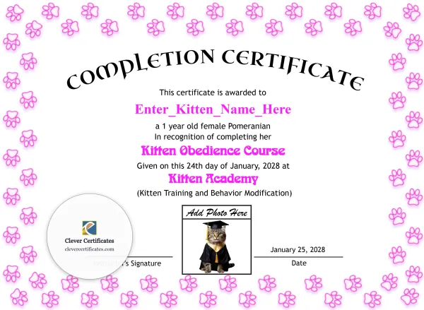 Free Kitten Completion Certificate Template