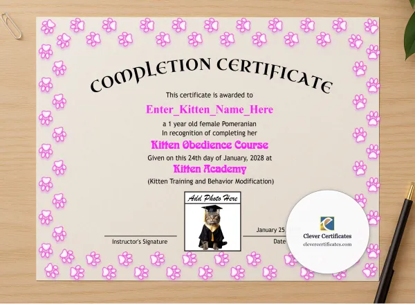 Professional preview of Kitten Completion Certificate certificate on high-quality stationery paper, ideal for showcasing the final look.