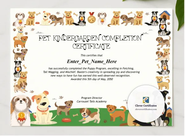 Pet Kindergarten Completion Certificate presented in a sleek wooden frame, elegantly arranged on a stylish table.
