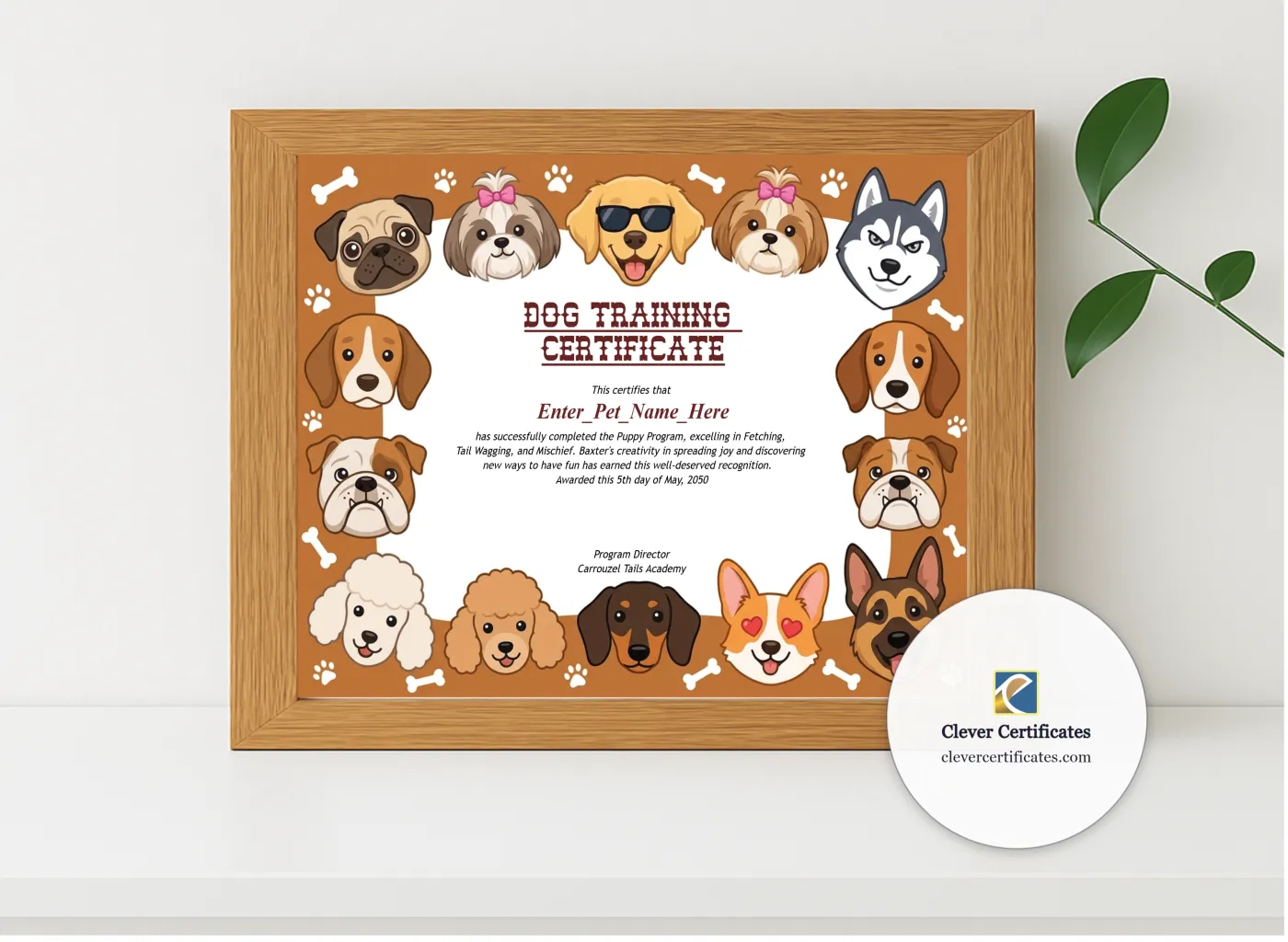 Realistic mockup featuring Dog Training Certificate displayed within a modern frame, set against a minimalistic background.