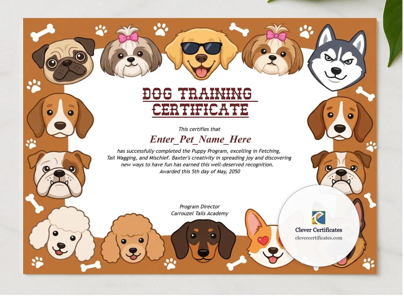 Dog Training Certificate presented in a sleek wooden frame, elegantly arranged on a stylish table.