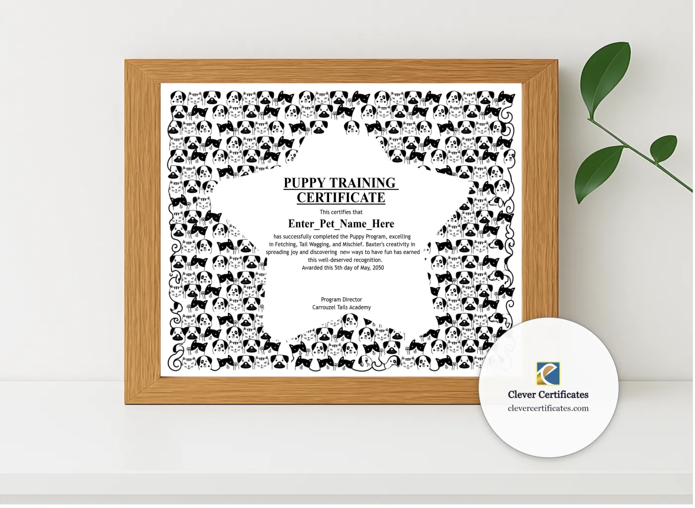 Realistic mockup featuring Puppy Training Certificate displayed within a modern frame, set against a minimalistic background.