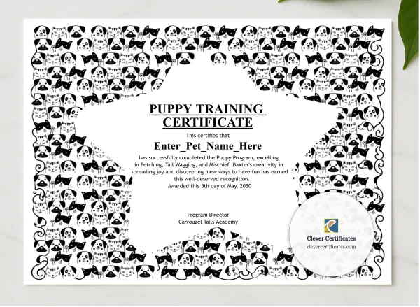 Puppy Training Certificate presented in a sleek wooden frame, elegantly arranged on a stylish table.