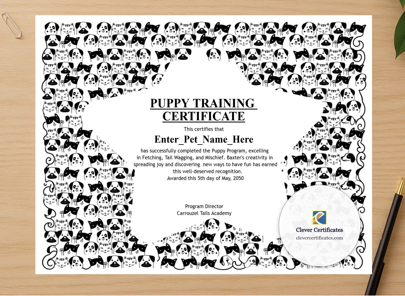 Professional preview of Puppy Training Certificate certificate on high-quality stationery paper, ideal for showcasing the final look.