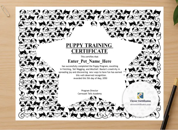 Professional preview of Puppy Training Certificate certificate on high-quality stationery paper, ideal for showcasing the final look.