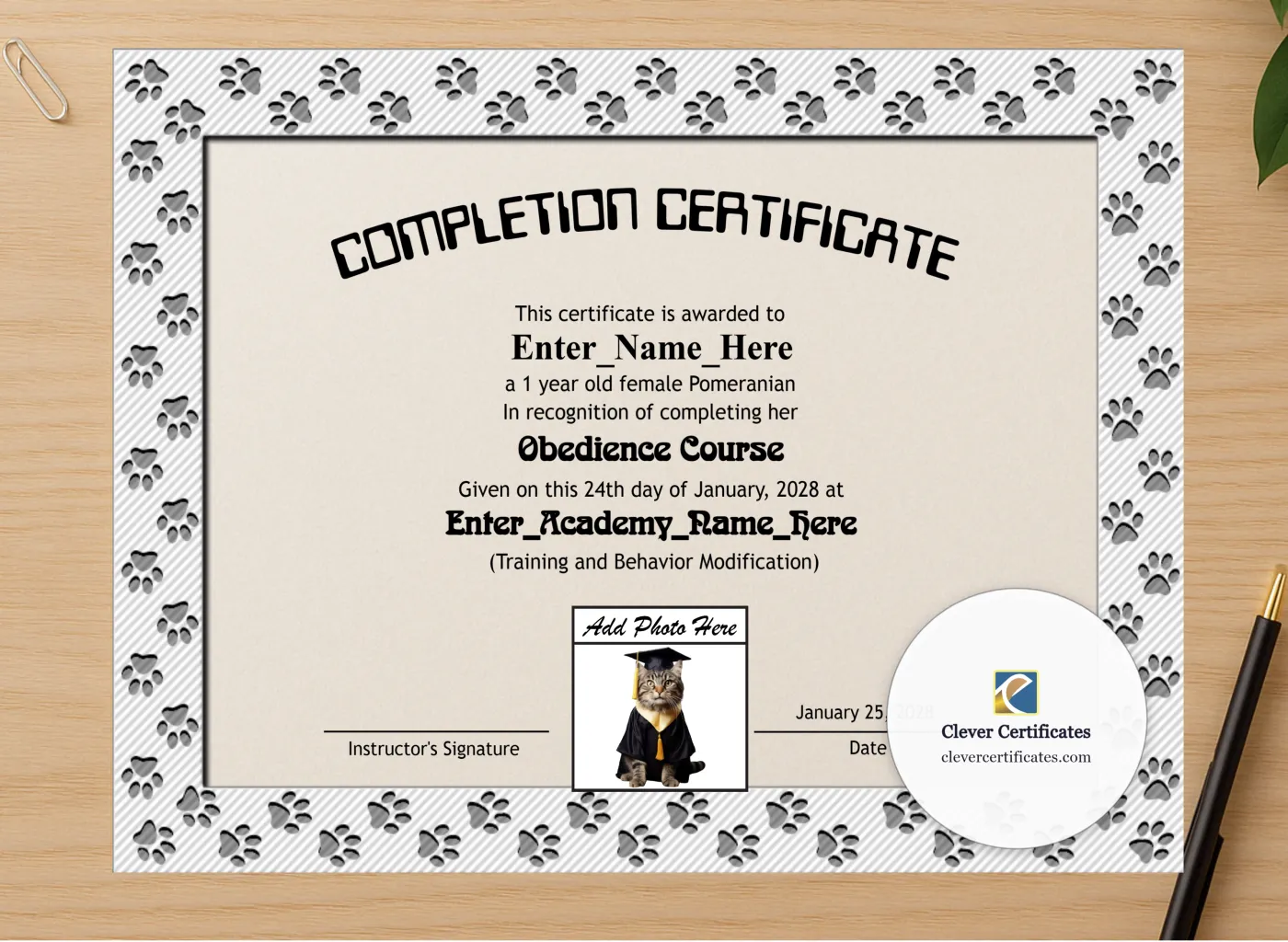 Professional preview of Paw Some Achiever Certificate certificate on high-quality stationery paper, ideal for showcasing the final look.