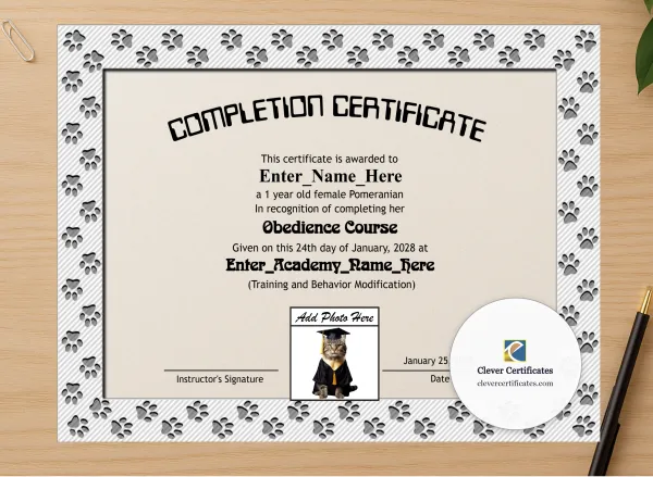 Professional preview of Paw Some Achiever Certificate certificate on high-quality stationery paper, ideal for showcasing the final look.