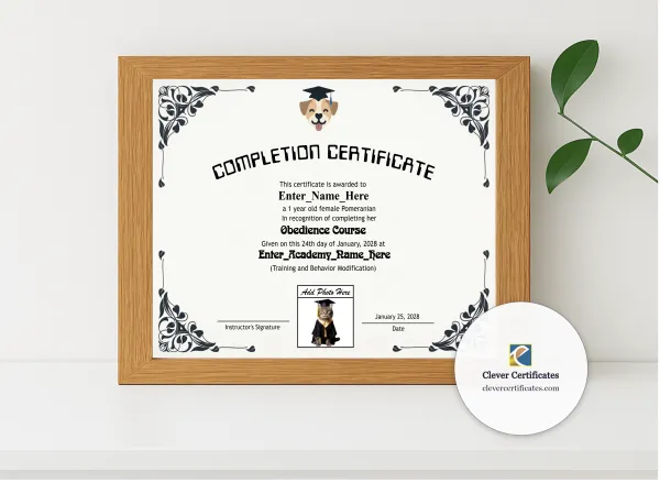 Realistic mockup featuring Top Dog Achiever Certificate displayed within a modern frame, set against a minimalistic background.