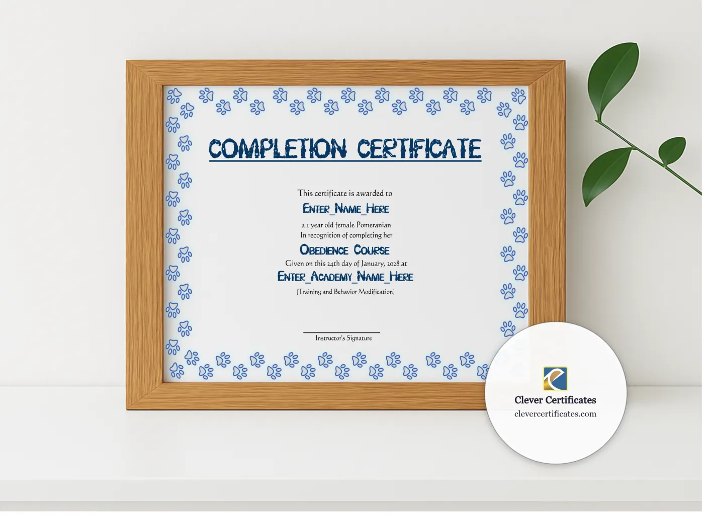Realistic mockup featuring Honorary Dog Achiever Certificate displayed within a modern frame, set against a minimalistic background.