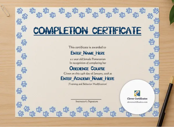 Professional preview of Honorary Dog Achiever Certificate certificate on high-quality stationery paper, ideal for showcasing the final look.