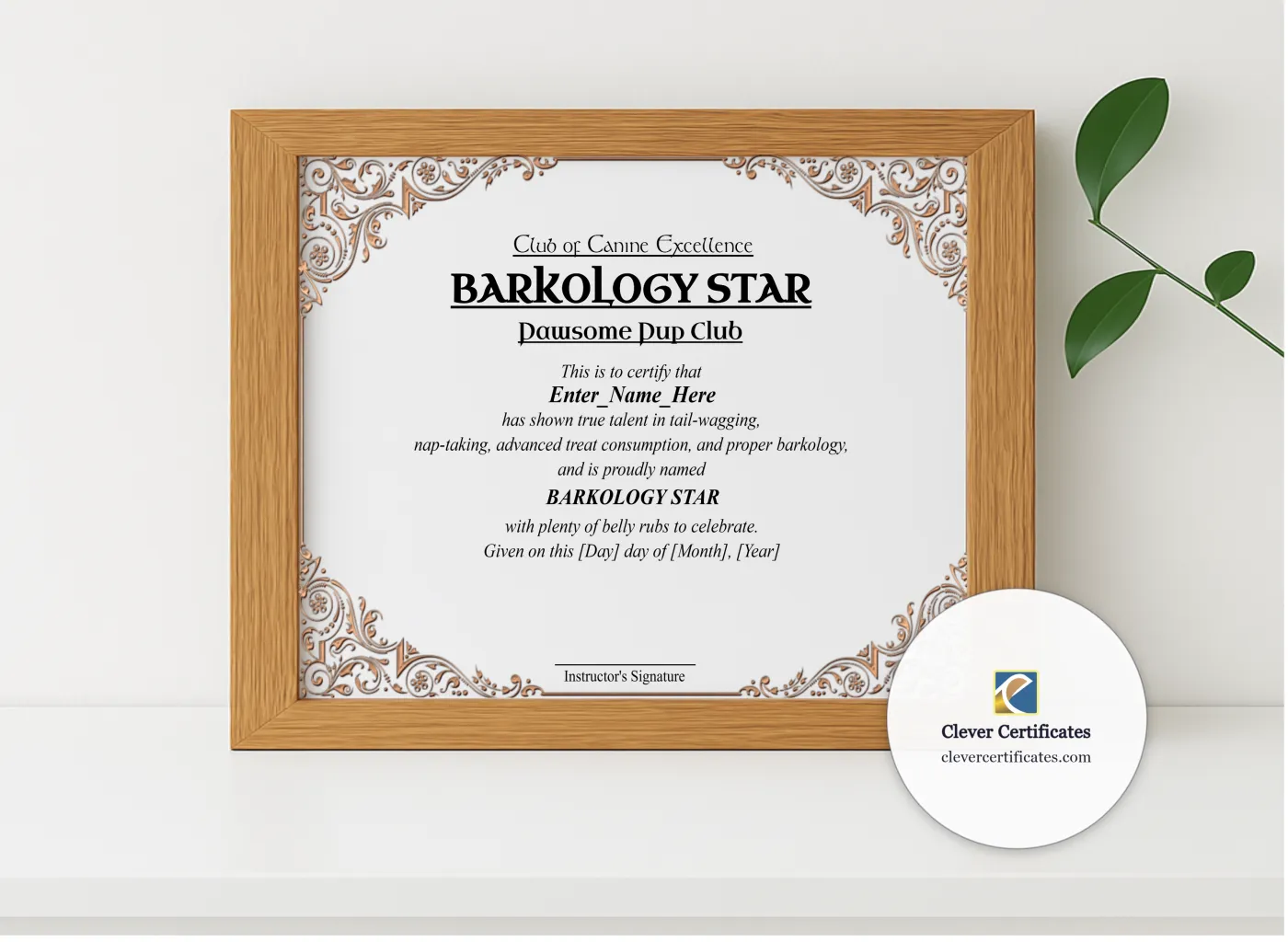 Realistic mockup featuring Barkology Star Certificate displayed within a modern frame, set against a minimalistic background.