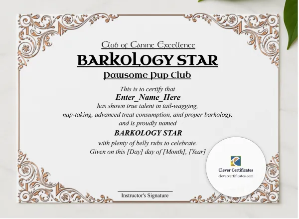 Barkology Star Certificate presented in a sleek wooden frame, elegantly arranged on a stylish table.