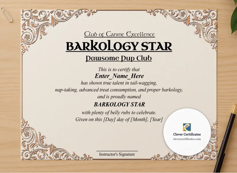 Professional preview of Barkology Star Certificate certificate on high-quality stationery paper, ideal for showcasing the final look.