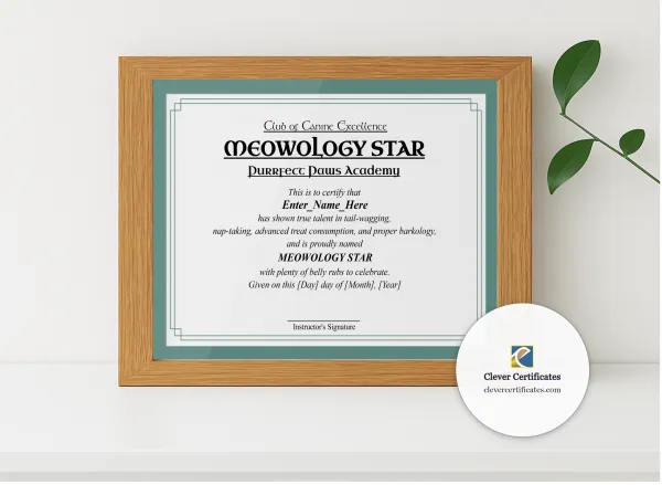 Realistic mockup featuring Meowology Star Certificate displayed within a modern frame, set against a minimalistic background.