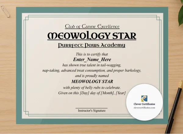 Professional preview of Meowology Star Certificate certificate on high-quality stationery paper, ideal for showcasing the final look.