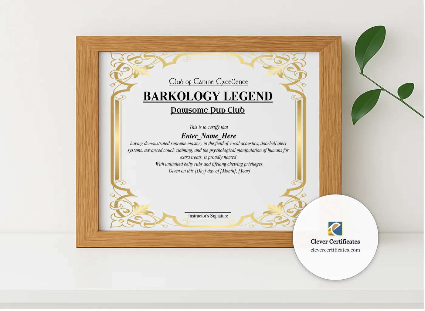 Realistic mockup featuring Barkology Legend Certificate displayed within a modern frame, set against a minimalistic background.