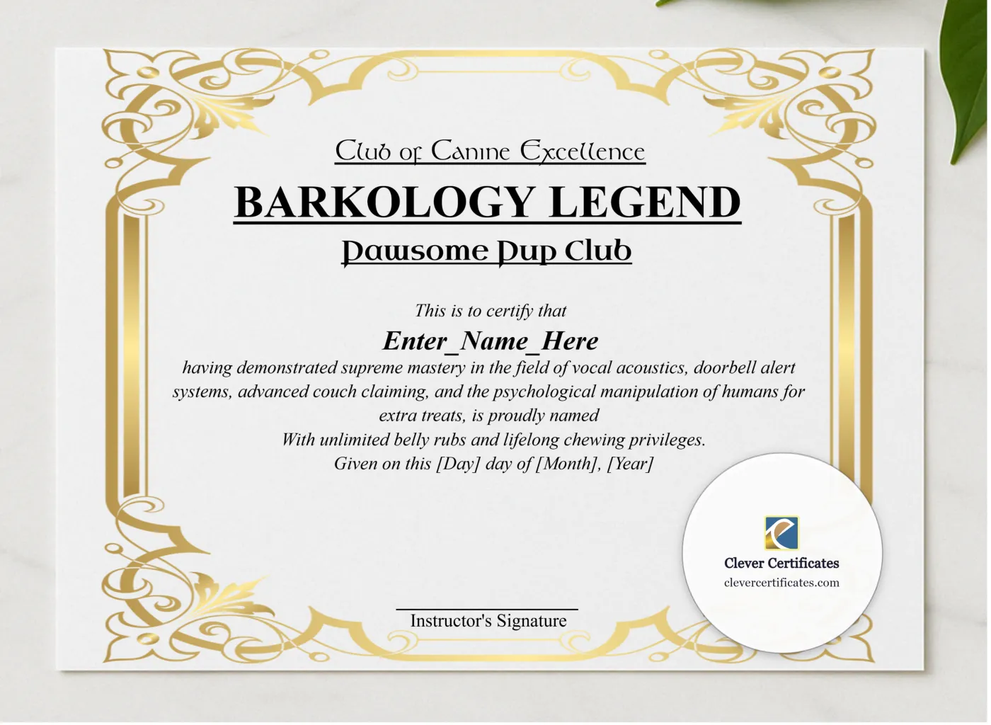 Barkology Legend Certificate presented in a sleek wooden frame, elegantly arranged on a stylish table.