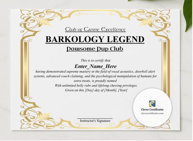 Barkology Legend Certificate presented in a sleek wooden frame, elegantly arranged on a stylish table.