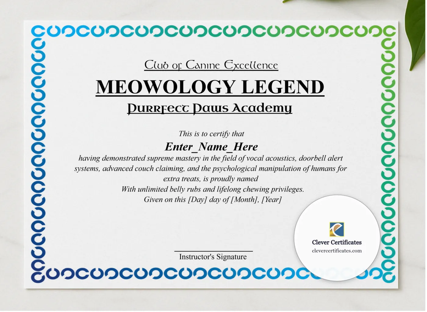 Meowology Legend Certificate presented in a sleek wooden frame, elegantly arranged on a stylish table.