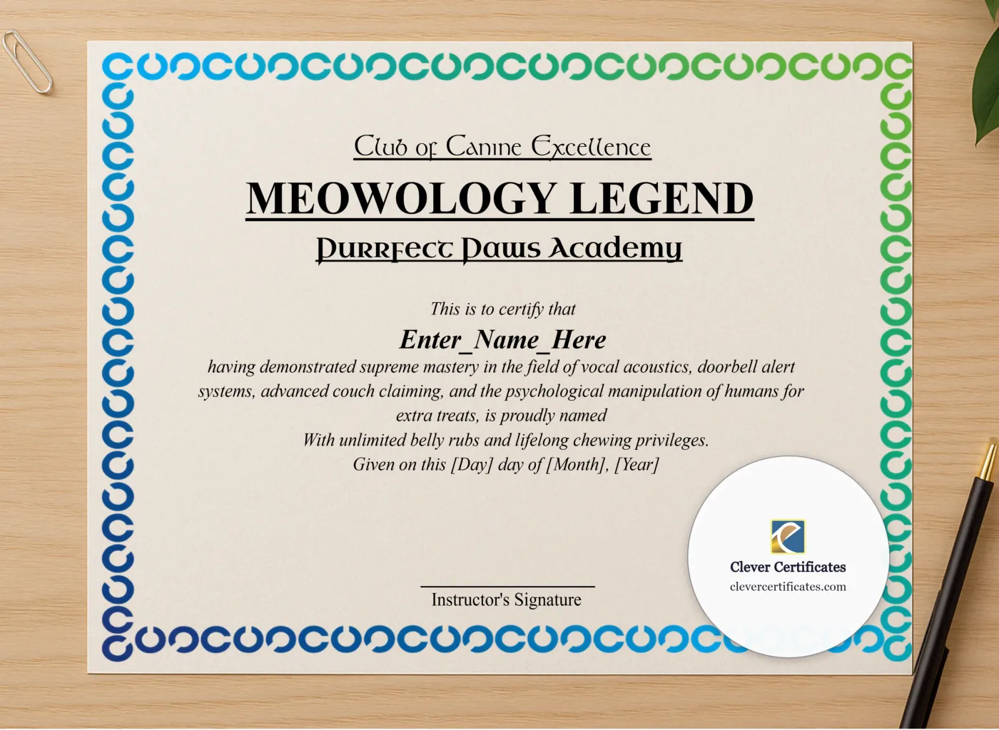 Professional preview of Meowology Legend Certificate certificate on high-quality stationery paper, ideal for showcasing the final look.