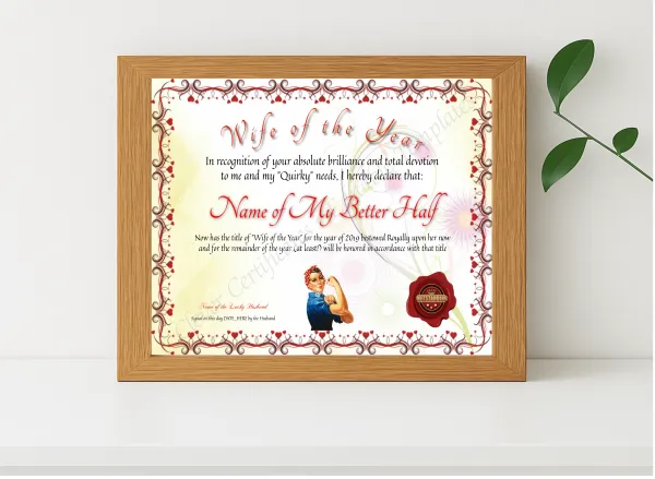 Realistic mockup featuring Wife Of The Year displayed within a modern frame, set against a minimalistic background.