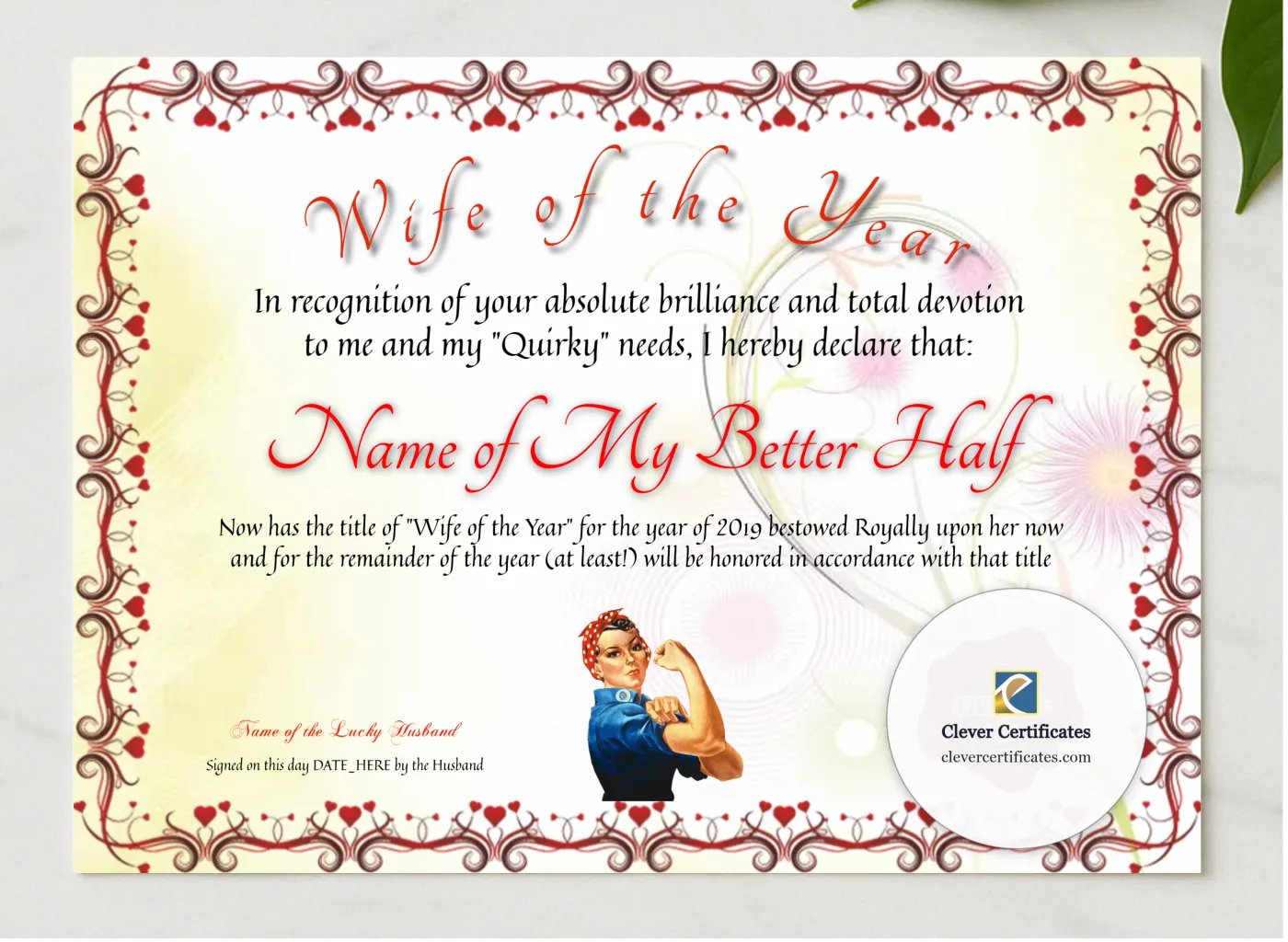 Wife Of The Year presented in a sleek wooden frame, elegantly arranged on a stylish table.