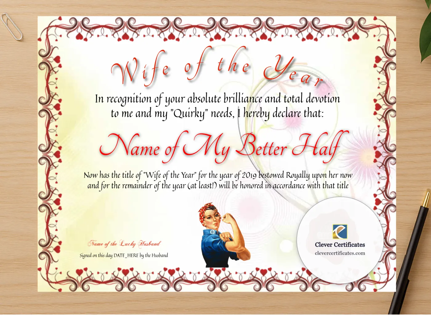 Professional preview of Wife Of The Year certificate on high-quality stationery paper, ideal for showcasing the final look.