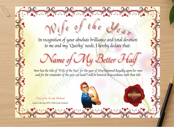 Professional preview of Wife Of The Year certificate on high-quality stationery paper, ideal for showcasing the final look.