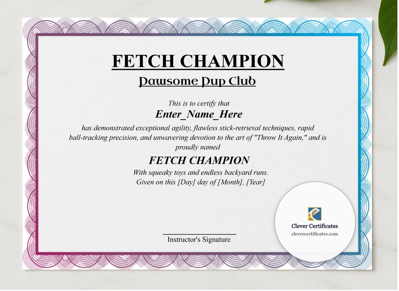 Fetch Champion Certificate presented in a sleek wooden frame, elegantly arranged on a stylish table.