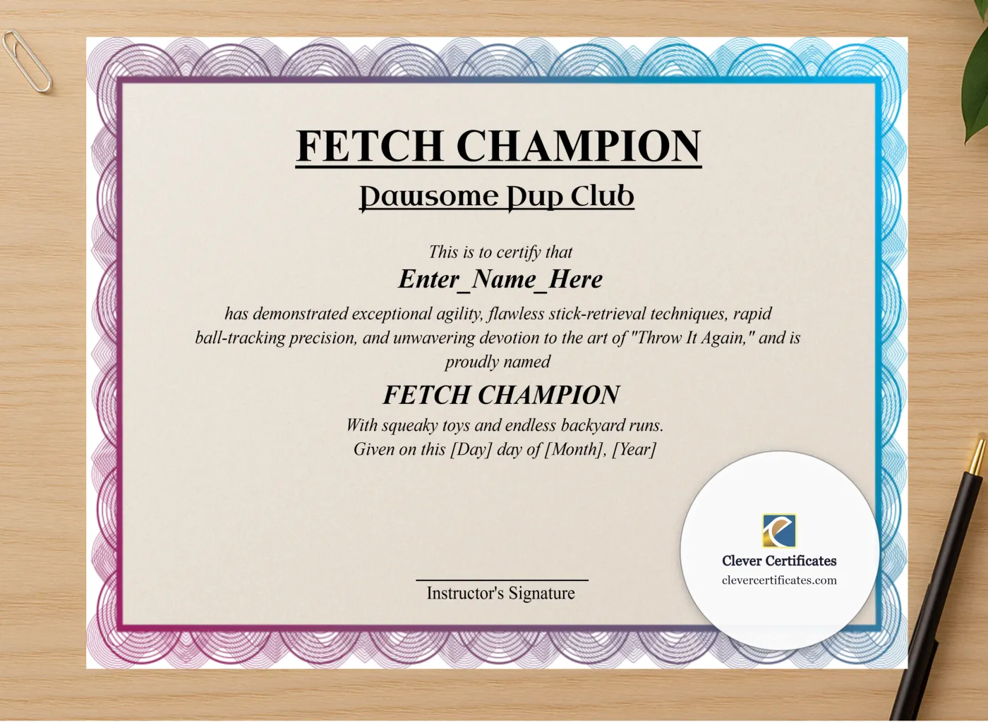 Professional preview of Fetch Champion Certificate certificate on high-quality stationery paper, ideal for showcasing the final look.