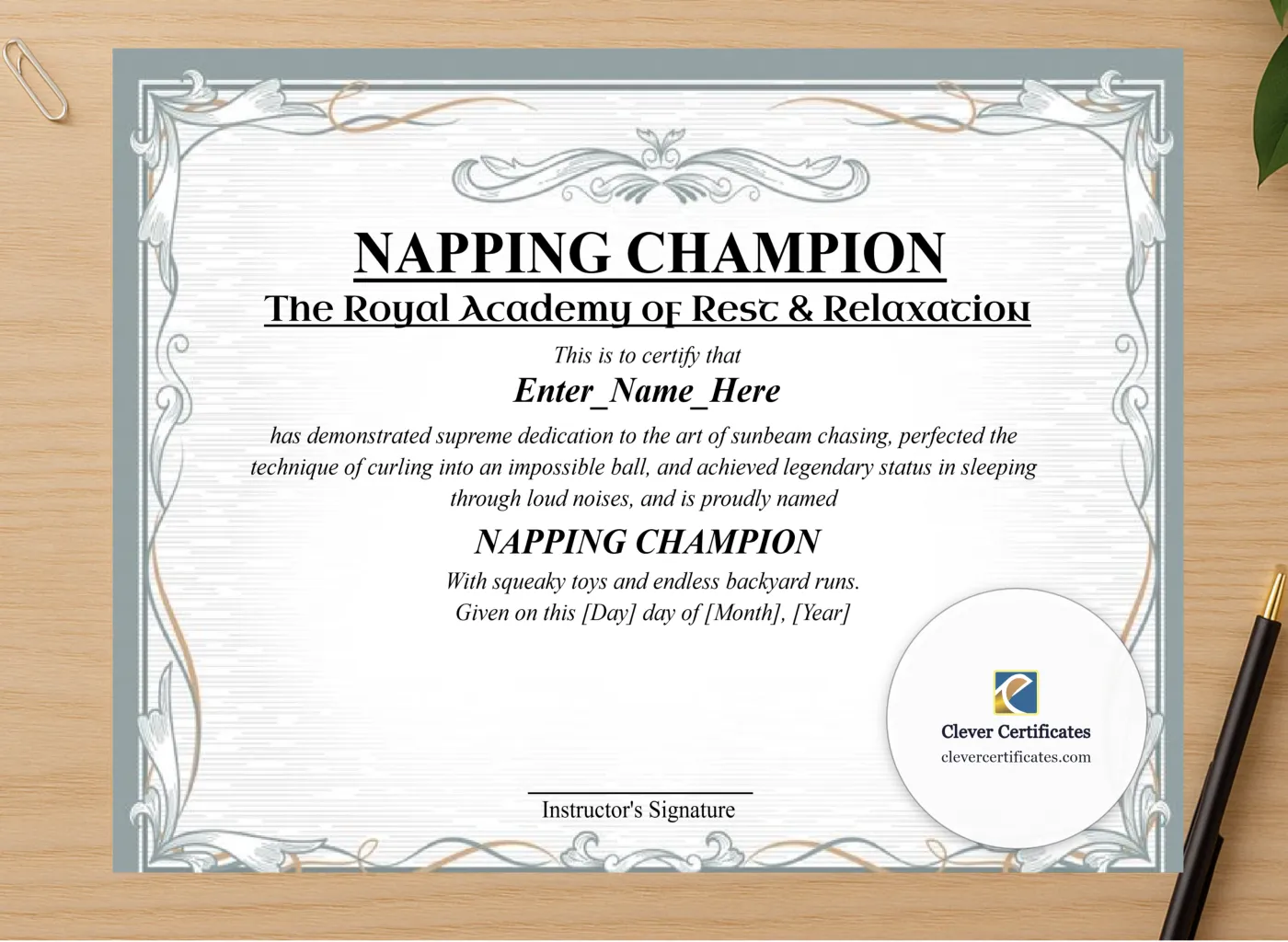 Professional preview of Napping Champion Certificate certificate on high-quality stationery paper, ideal for showcasing the final look.