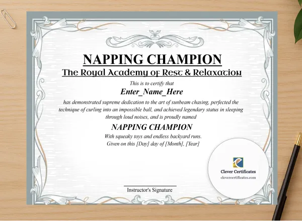 Professional preview of Napping Champion Certificate certificate on high-quality stationery paper, ideal for showcasing the final look.