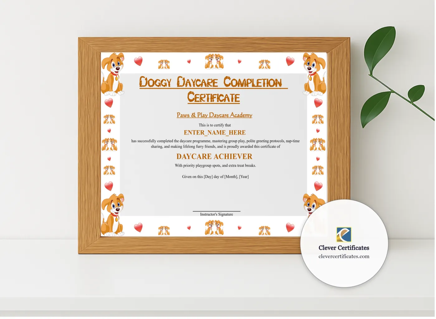 Realistic mockup featuring Doggy Daycare Completion Certificate displayed within a modern frame, set against a minimalistic background.