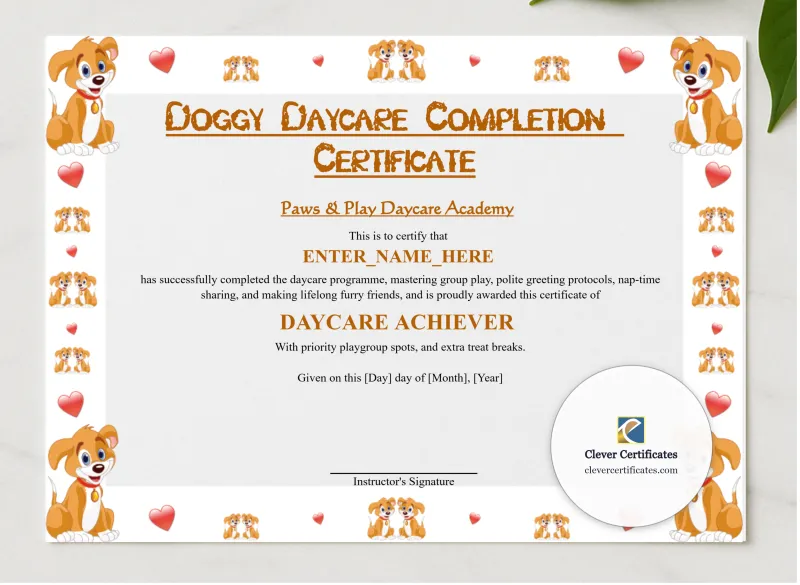 Doggy Daycare Completion Certificate presented in a sleek wooden frame, elegantly arranged on a stylish table.