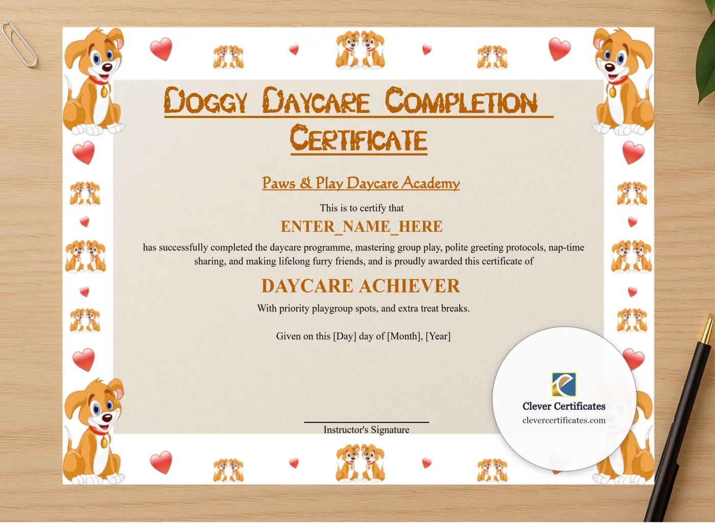 Professional preview of Doggy Daycare Completion Certificate certificate on high-quality stationery paper, ideal for showcasing the final look.