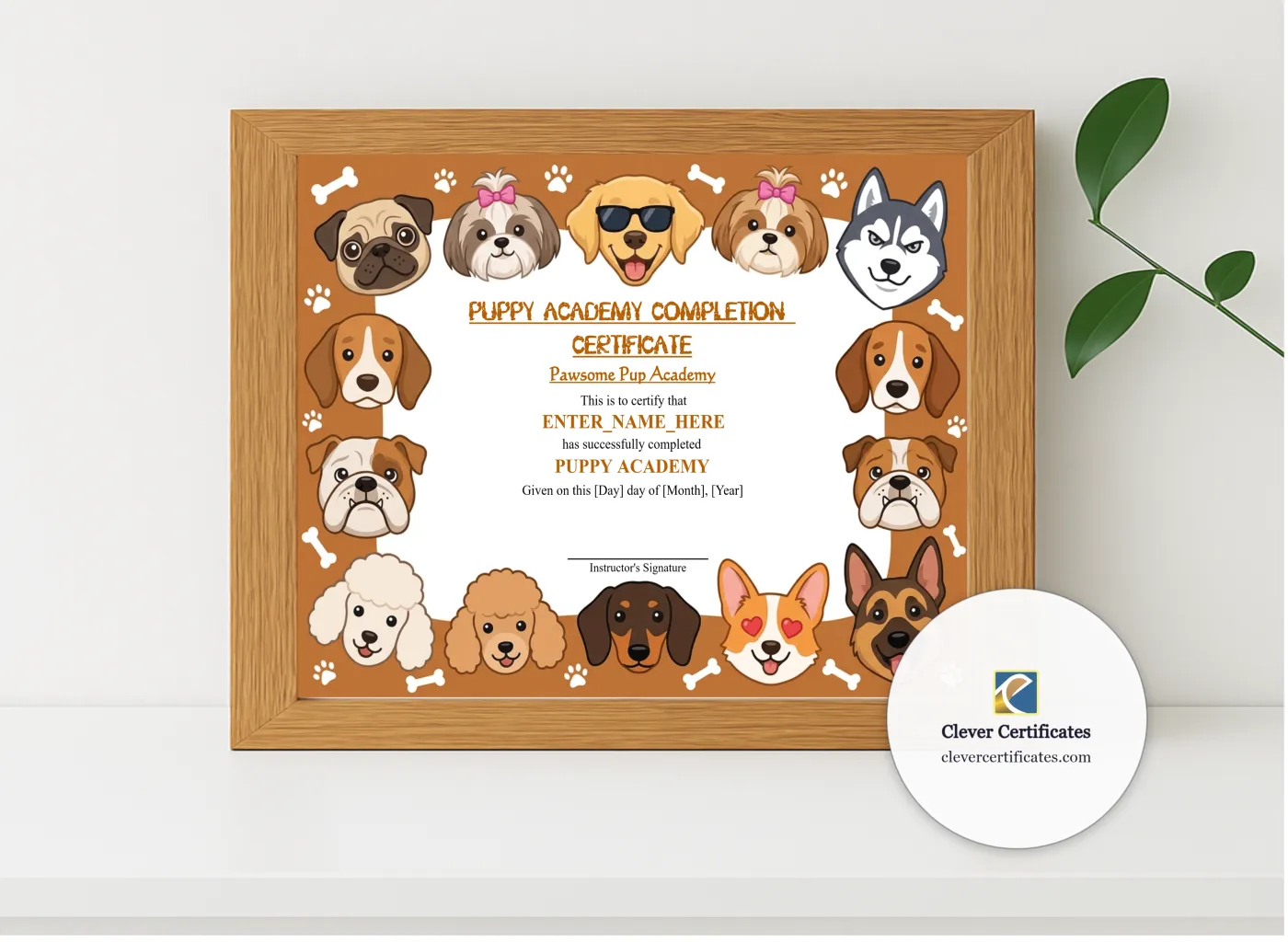Realistic mockup featuring Puppy Academy Completion Certificate displayed within a modern frame, set against a minimalistic background.