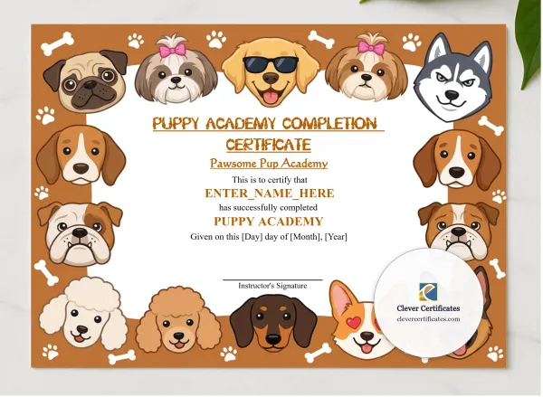 Puppy Academy Completion Certificate presented in a sleek wooden frame, elegantly arranged on a stylish table.