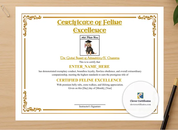 Professional preview of Feline Academy Completion Certificate certificate on high-quality stationery paper, ideal for showcasing the final look.