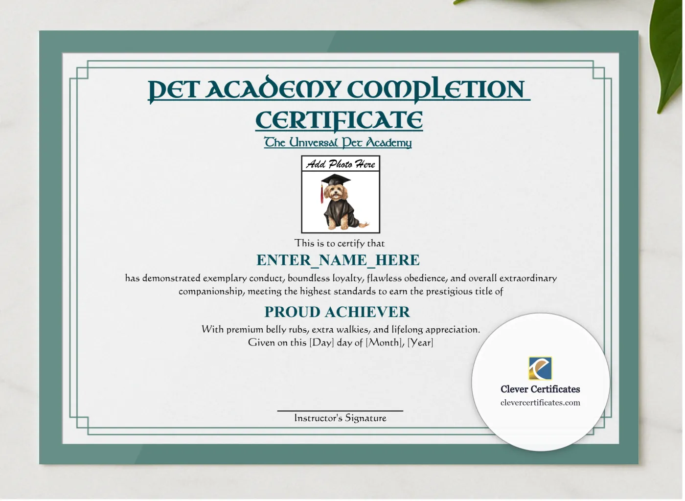 Pet Academy Completion Certificate presented in a sleek wooden frame, elegantly arranged on a stylish table.