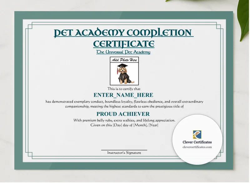 Pet Academy Completion Certificate presented in a sleek wooden frame, elegantly arranged on a stylish table.