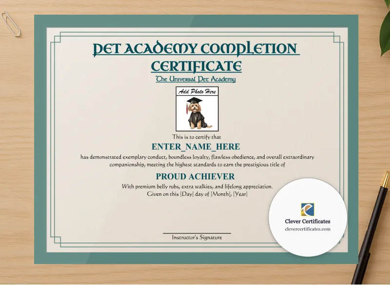 Professional preview of Pet Academy Completion Certificate certificate on high-quality stationery paper, ideal for showcasing the final look.