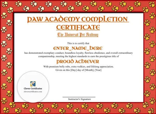 Free Paw Academy Completion Certificate Template