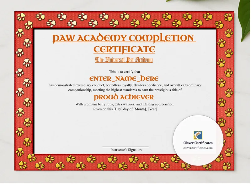 Paw Academy Completion Certificate presented in a sleek wooden frame, elegantly arranged on a stylish table.