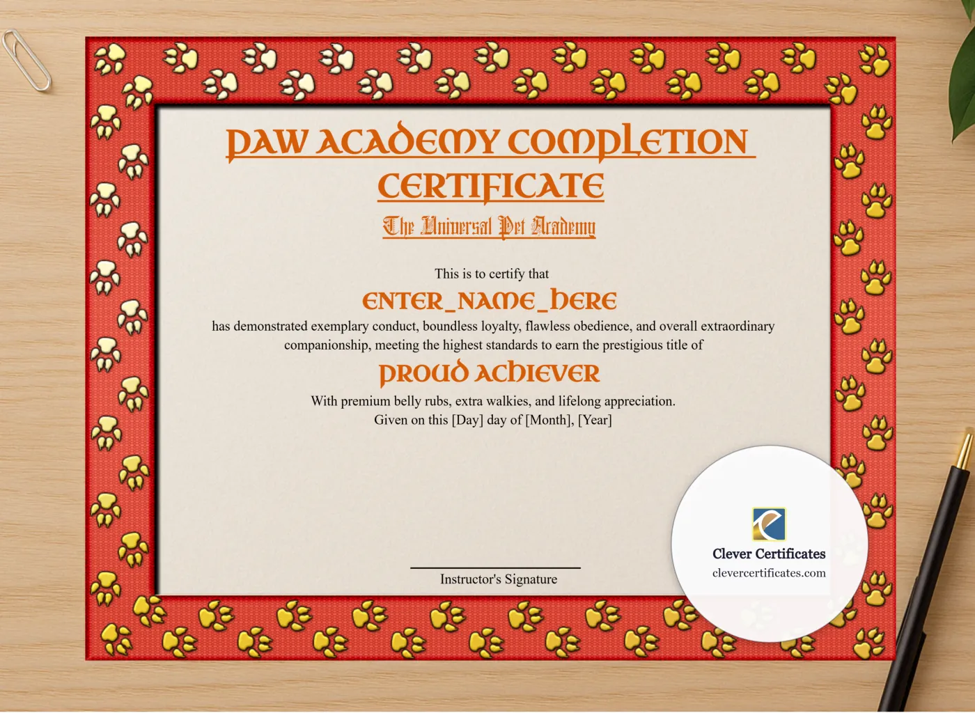 Professional preview of Paw Academy Completion Certificate certificate on high-quality stationery paper, ideal for showcasing the final look.