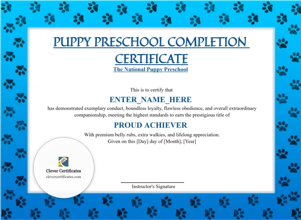 Free Puppy Preschool Completion Certificate Template