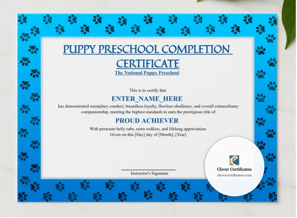 Puppy Preschool Completion Certificate presented in a sleek wooden frame, elegantly arranged on a stylish table.