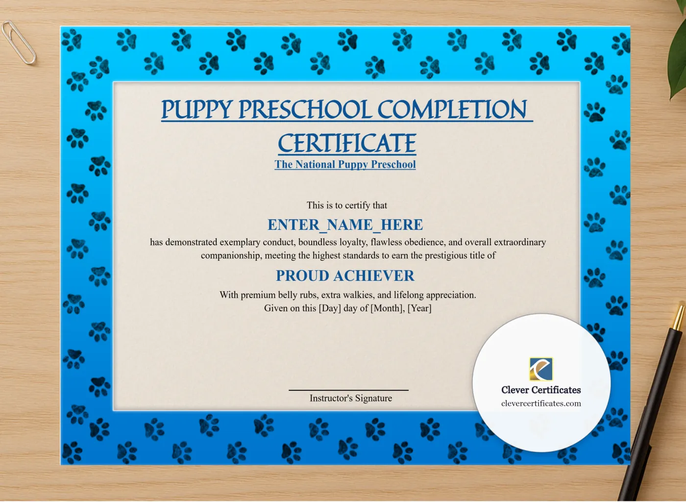 Professional preview of Puppy Preschool Completion Certificate certificate on high-quality stationery paper, ideal for showcasing the final look.
