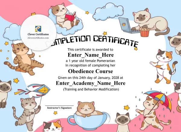 Free Kitten Preschool Completion Certificate Template